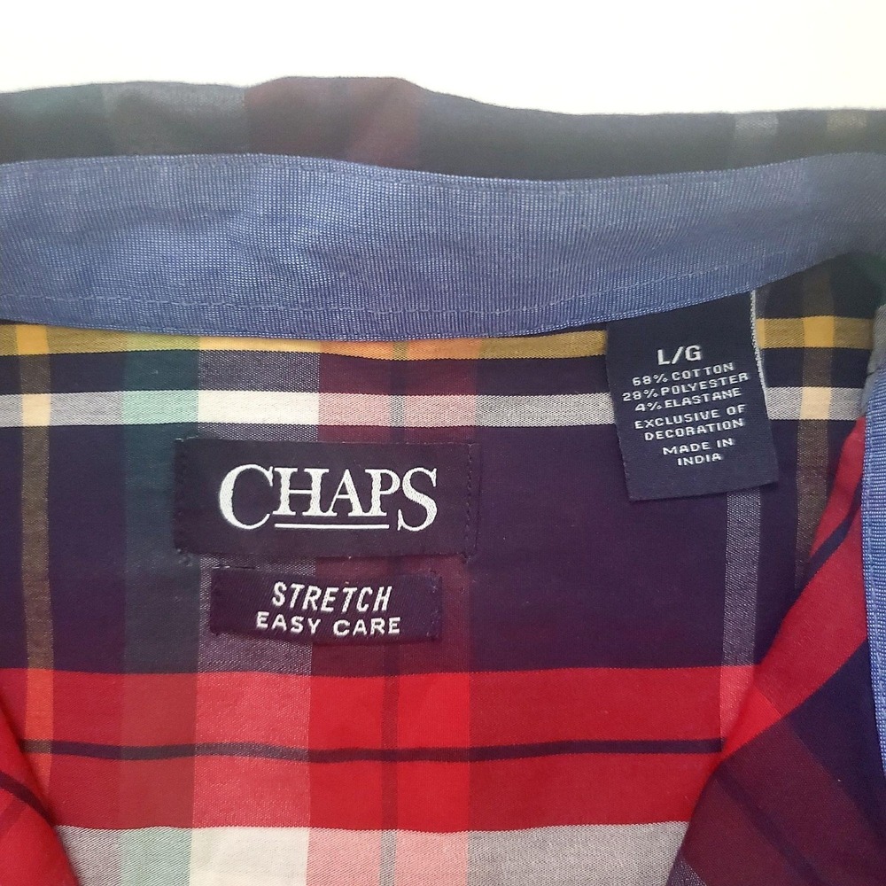 CHAPS Men's Newport Navy Stretch Poplin Plaid Button Down Long-Sleeve Shirt L/G - Picture 7 of 16